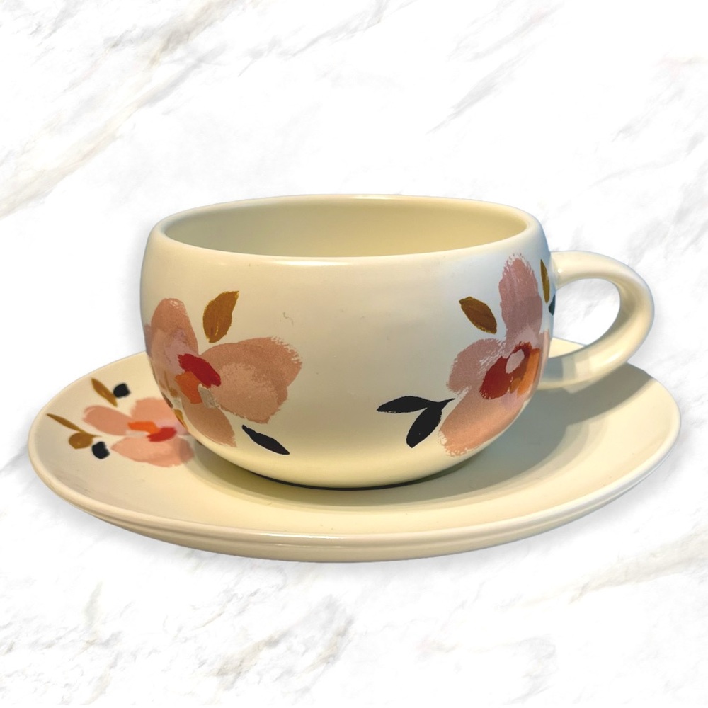 4/$30 🌿 Indigo | Pink Flowers White Ceramic Teacup with Saucer